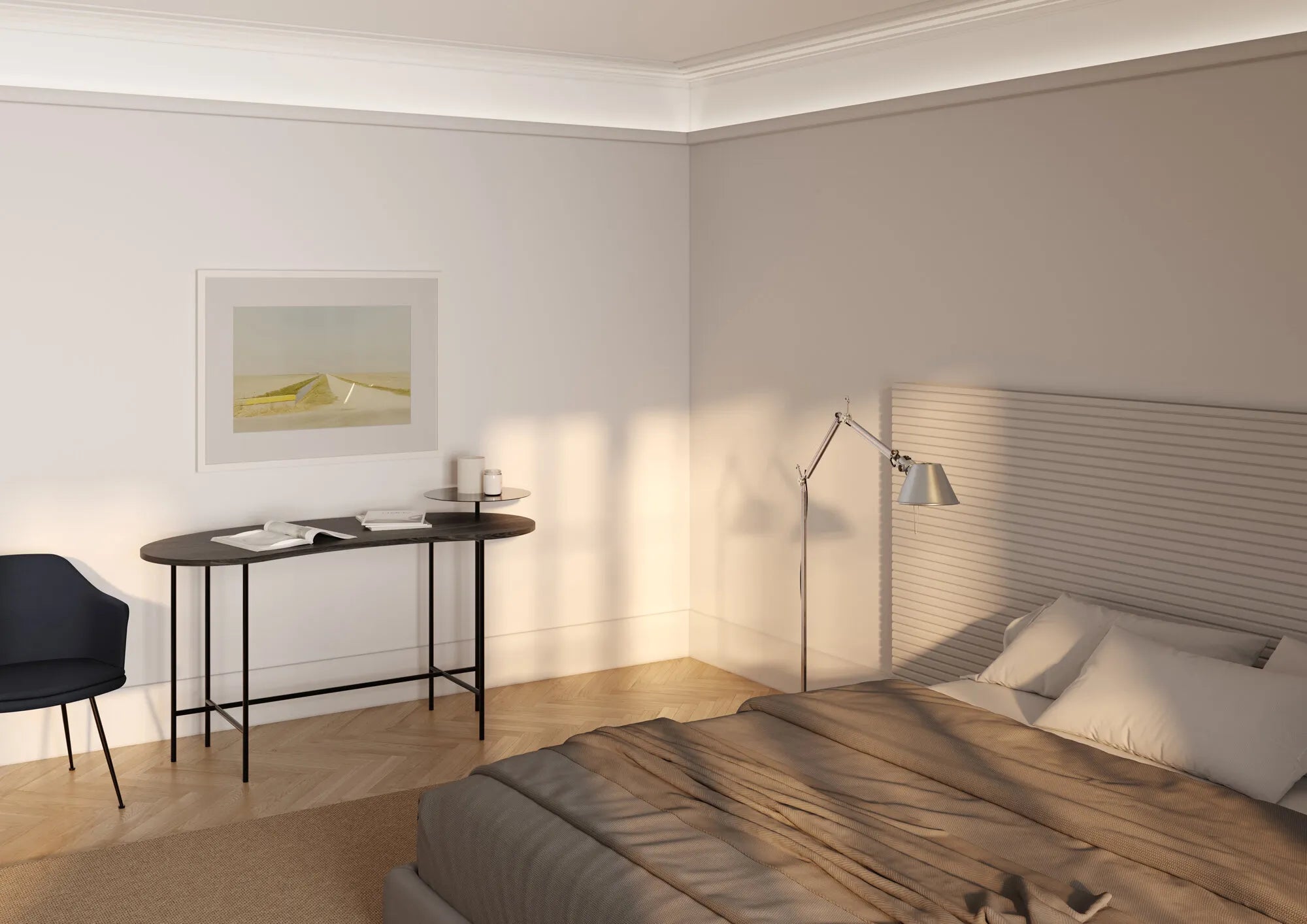CANELÉ L Arstyl® 3D Wall Panels in a minimalist bedroom with textured wall panel | DecorMania UK